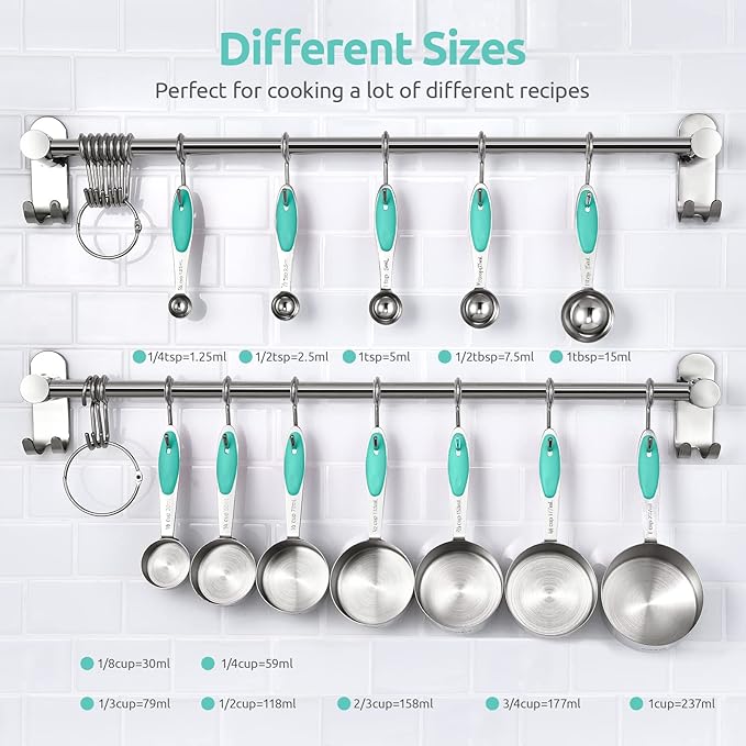 U-Taste Measuring Cups Spoons Set: 18/8 Stainless Steel 12 Pieces Stacking Kitchen Baking Cooking Food Measure Scoop Set, 7 Cups & 5 Spoons with Strengthened Weld Joints (Aqua Sky, Upgraded Version)