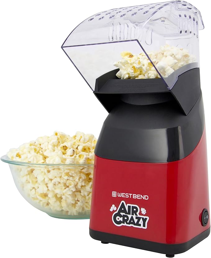 West Bend Air Crazy Hot Air Popcorn Popper Machine for Healthy Snacking with No Oil, Includes Dual-Purpose Measuring Cup & Butter Melter, 4-Quart, Red