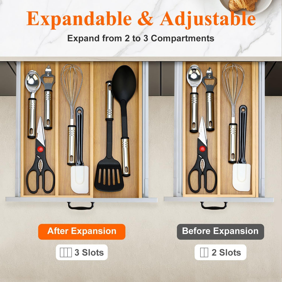 Large Bamboo Silverware Drawer Organizer Tray Kitchen Tool Drawer Divider Organizers Storage Expandable Cooking Utensil Organizer Wooden Cutlery Tray Spoon Flatware Organizers Utensil Holder Drawers
