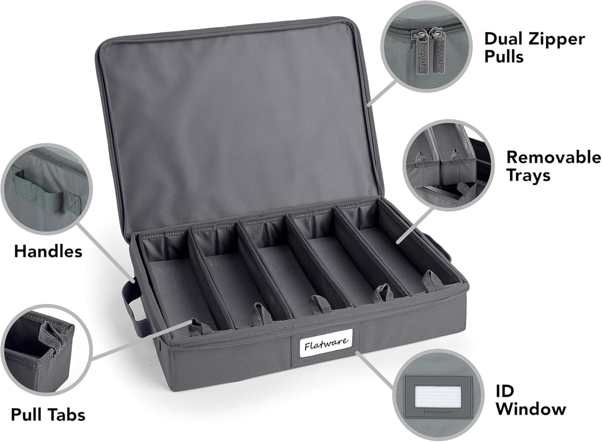 Covermates Keepsakes Flatware Storage Box - Stackable - Reinforced Handles - China Storage, Graphite