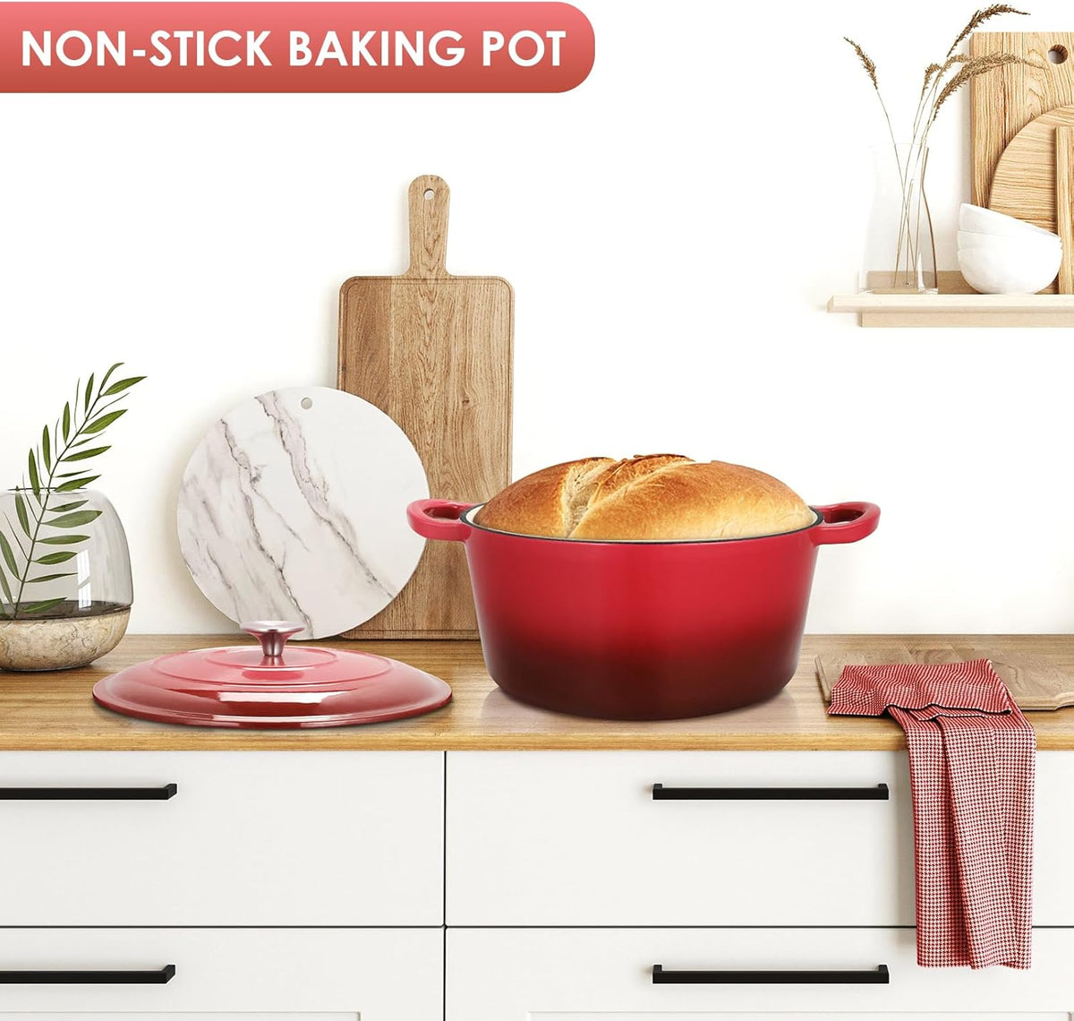 LIFERUN 6 Qt Enameled Cast Iron Dutch Oven Pot with Lid，Oven Safe up to 500° F, Non-Stick Dutch Oven with Dual Handles for Bread Baking, Fry Foods, Braising, Stews, Roasting (Red)