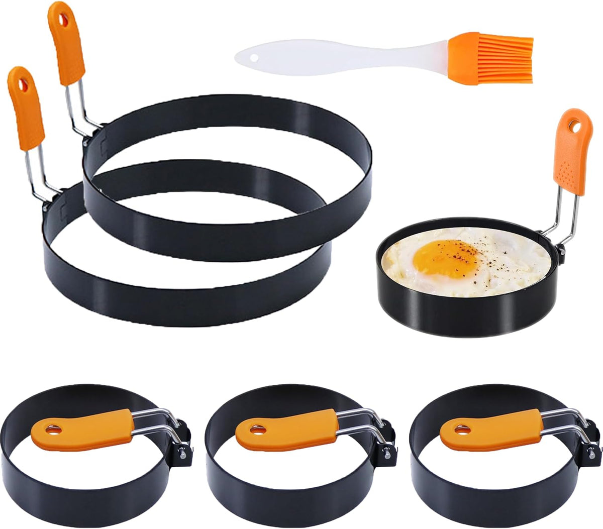 3.5" Egg Rings 6“ Pancake Mold with Silicone Handle, Round Mold for English Muffins - Griddle Cooking Shaper for Indoor Camping Breakfast Sandwiches w/Silicone Oil Brush set of 6 (4pcs 3.5"+2pcs 6")