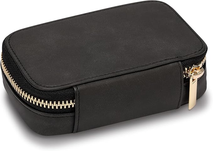 HISCOW Vegan Leather Travel Jewelry Case with Zipper - Portable Necklace & Earring Holder Organizer for Women Girls, Velvet-Lined Ring Box with Anti-Tarnish Design, Black
