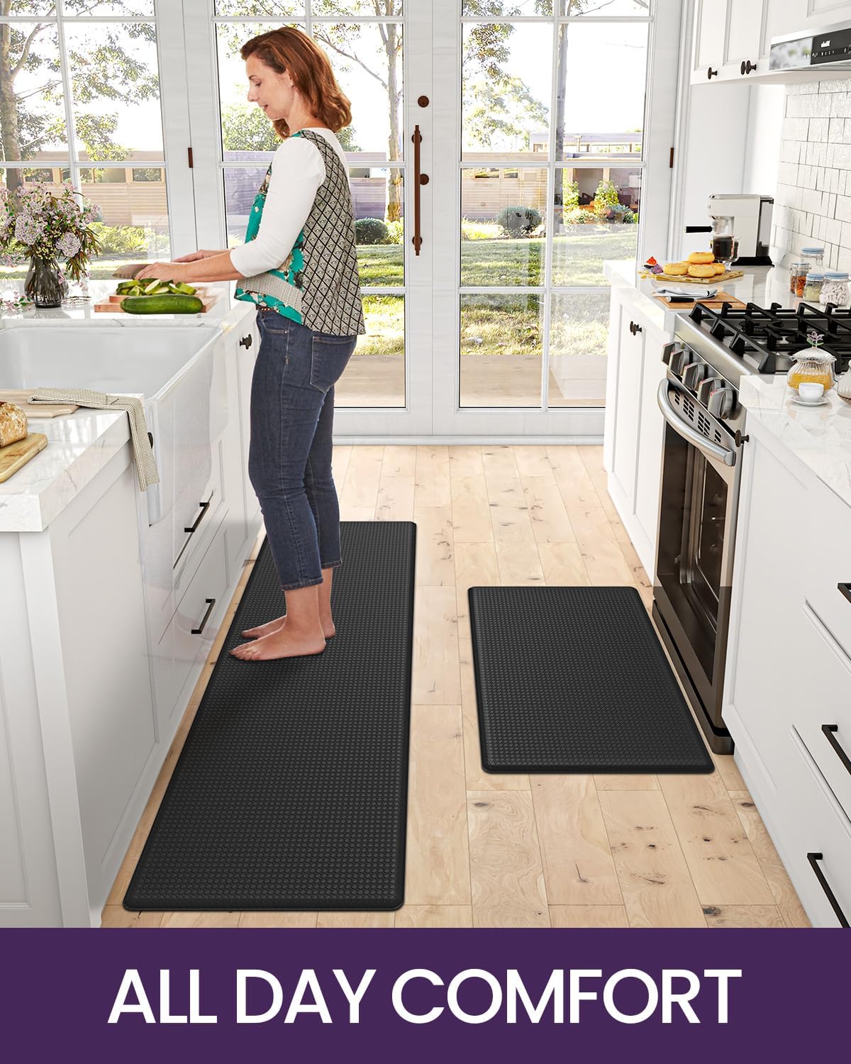 DEXI Kitchen Floor Mats Cushioned Anti Fatigue,17x29+17x59, Standing Runner Rug Waterproof, Comfort Memory Foam Padded for Front Sink Laundry Set of 2, Black