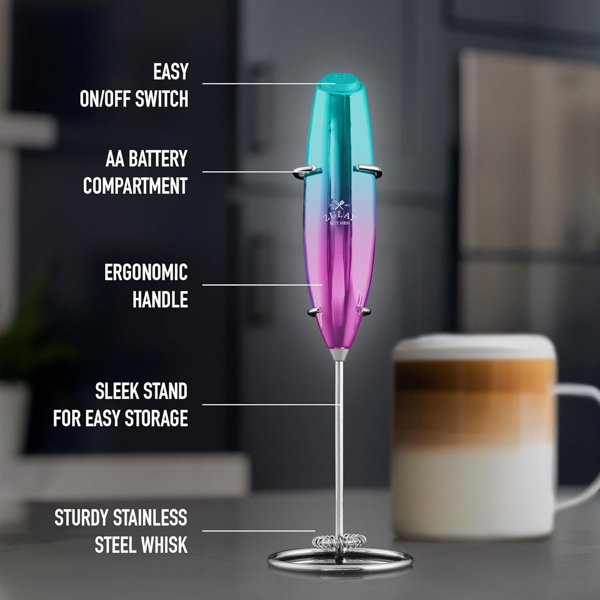Zulay Kitchen Executive Series Milk Frother Wand - Upgraded & Improved Stand - Ideal Coffee Gift - Coffee Frother Handheld Foam Maker For Lattes - Electric Milk Frother Handheld For Cappuccino