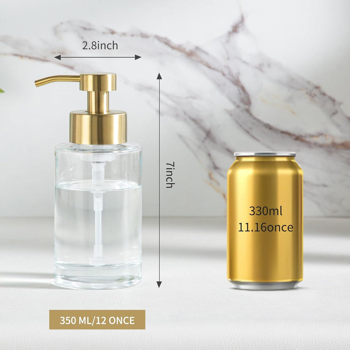 Enra Foam Soap Dispenser,12oz Thick Glass Bathroom Soap Dispenser with Stainless Steel Gold Pump for Bathroom Kitchen(Clear/Gold Poam Type)
