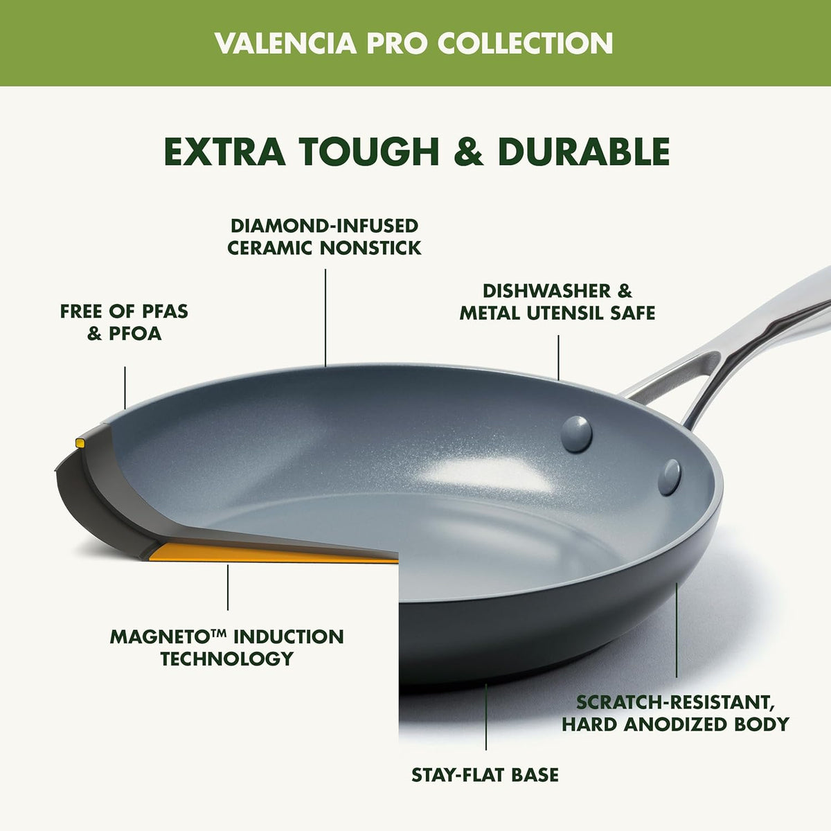 GreenPan Valencia Pro Hard Anodized Healthy Ceramic Nonstick 12" Frying Pan Skillet, PFAS-Free Cookware, Stainless Steel Handle, Induction Suitable, Dishwasher Safe, Oven Safe,