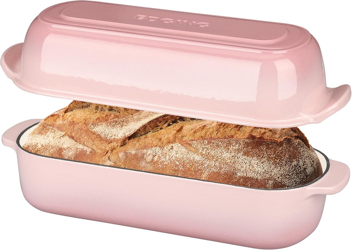 Enameled Cast Iron Loaf Pan with Lid, Dutch Oven for Homemade Bread Baking, 12.5x5.5 inch, 5Qt, Pink