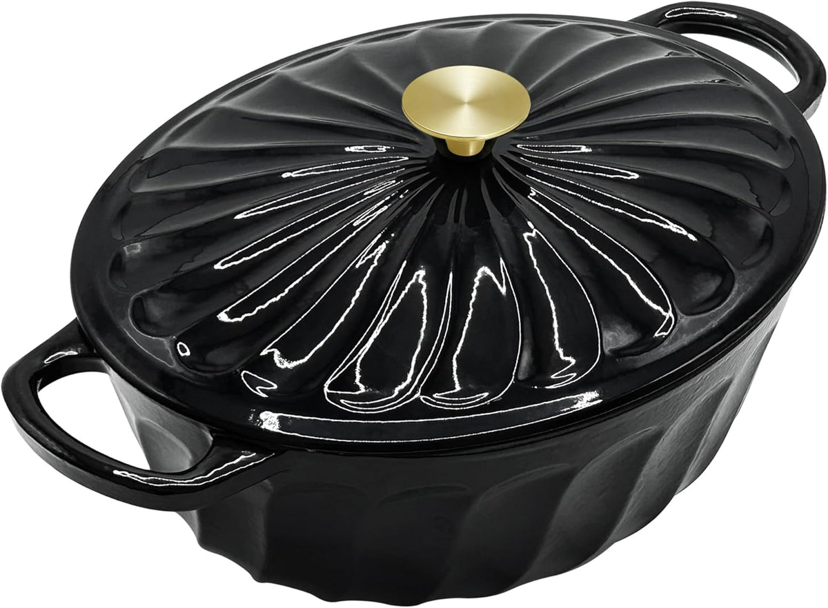 Enameled Oval Dutch Oven Pot with Lid, 7 QT Cast Iron Dutch Oven with Dual Handles for Cooking, Bread Baking, Frying, Non-stick Enamel Coated Oven (Black)