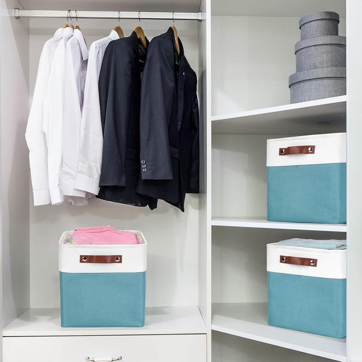 Collapsible Fabric Storage Cubes 11x11 Cube Storage Bins, 4 Pack Closet Baskets Box with Handles for Organizing, Shelf, Toys, Clothes, Home, Office, Nursery (Teal&White)