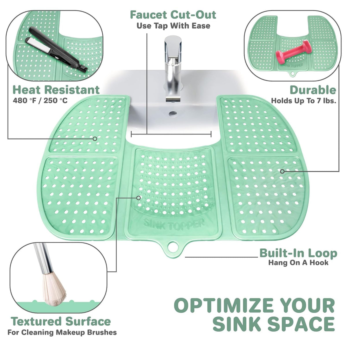 Sink Topper Bathroom Counter Cover & Storage Saver, Foldable Silicone Mat for Hot Tools, Hair Styling & Makeup, Beauty Brush Cleaning Mat, RV Camper Sink Cover & for Small Spaces (Standard Green)