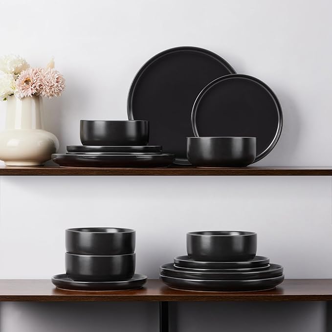 E-far Stoneware Dinnerware Sets for 8, 24-Piece Plates and Bowls Set, Modern Ceramic Dishes Dinning Ware, Microwave & Dishwasher Safe - Matte Black