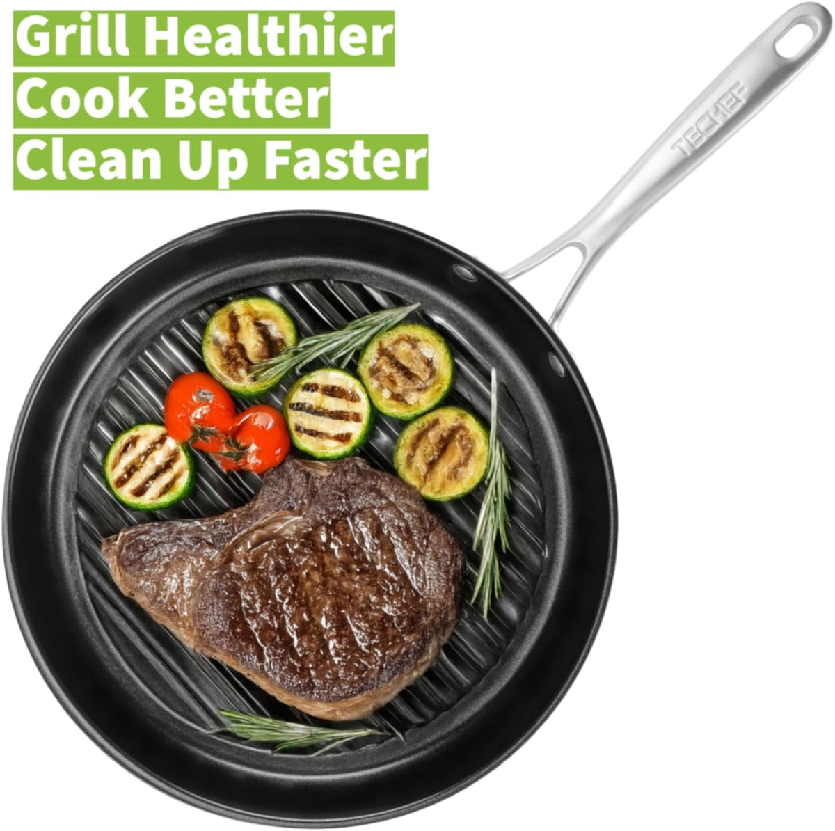 TECHEF - Onyx Collection, 12-inch Grill Pan For Stove Top, Nonstick Grill Pan For indoor cooking, PFOA-Free, Heavy-Duty Aluminum, Made In Korea (No Induction)
