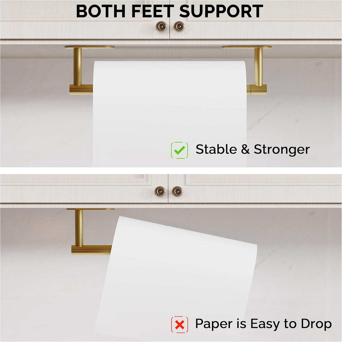 Paper Towel Holder Under Cabinet, Self Adhesive or Wall Mounted SUS304 Stainless Steel Paper Towel Holder for Kitchen, Farmhouse, Barbecue and Laundry (Brushed Gold)