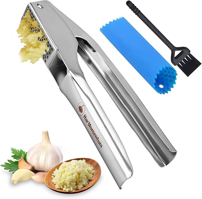 Garlic Press Stainless Steel - No Need to Peel Garlic Mincer & Crusher - 304 Inox, 7.34 Oz, Large Trough - Ergonomic Handle, Easy to Clean, Dishwasher Safe (2 Years Warranty) (Blue)