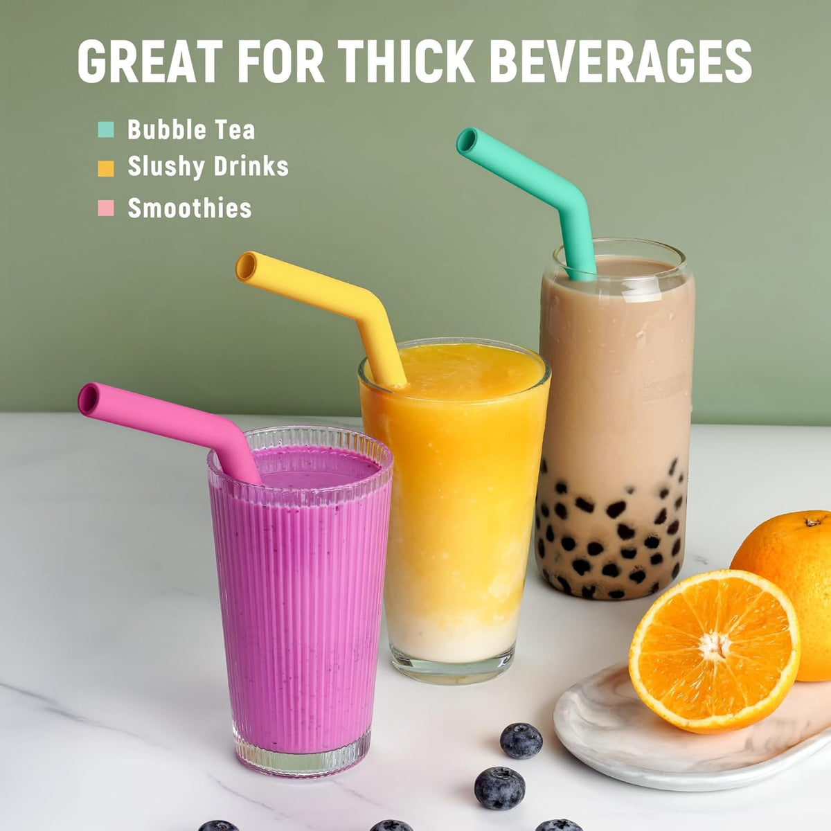 NiHome 6PCS Extra Wide Reusable Bent Silicone Straws for Boba, Smoothies, Bubble Tea, Eco-Friendly Bent Straws for Thick Drinks, Child-Safe, Customizable Length, 2 Brushes for Cleaning (Girl Colors)