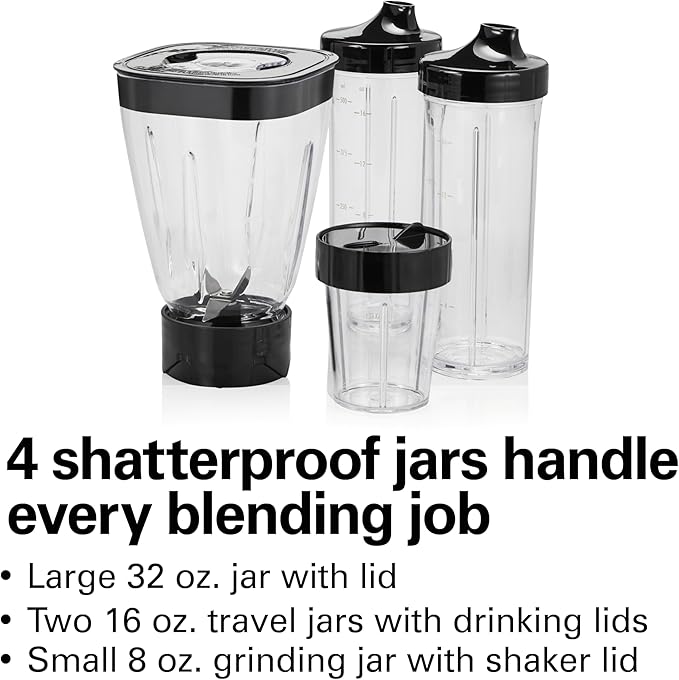 Hamilton Beach MultiBlend Smoothie Blender with 4 Shatterproof BPA Free Jars and Lids; Large 32oz Jar, 8oz Grinder for Nuts & Spices, and 2 Portable Travel Cups, 650 Watts, Black and Stainless (52400)