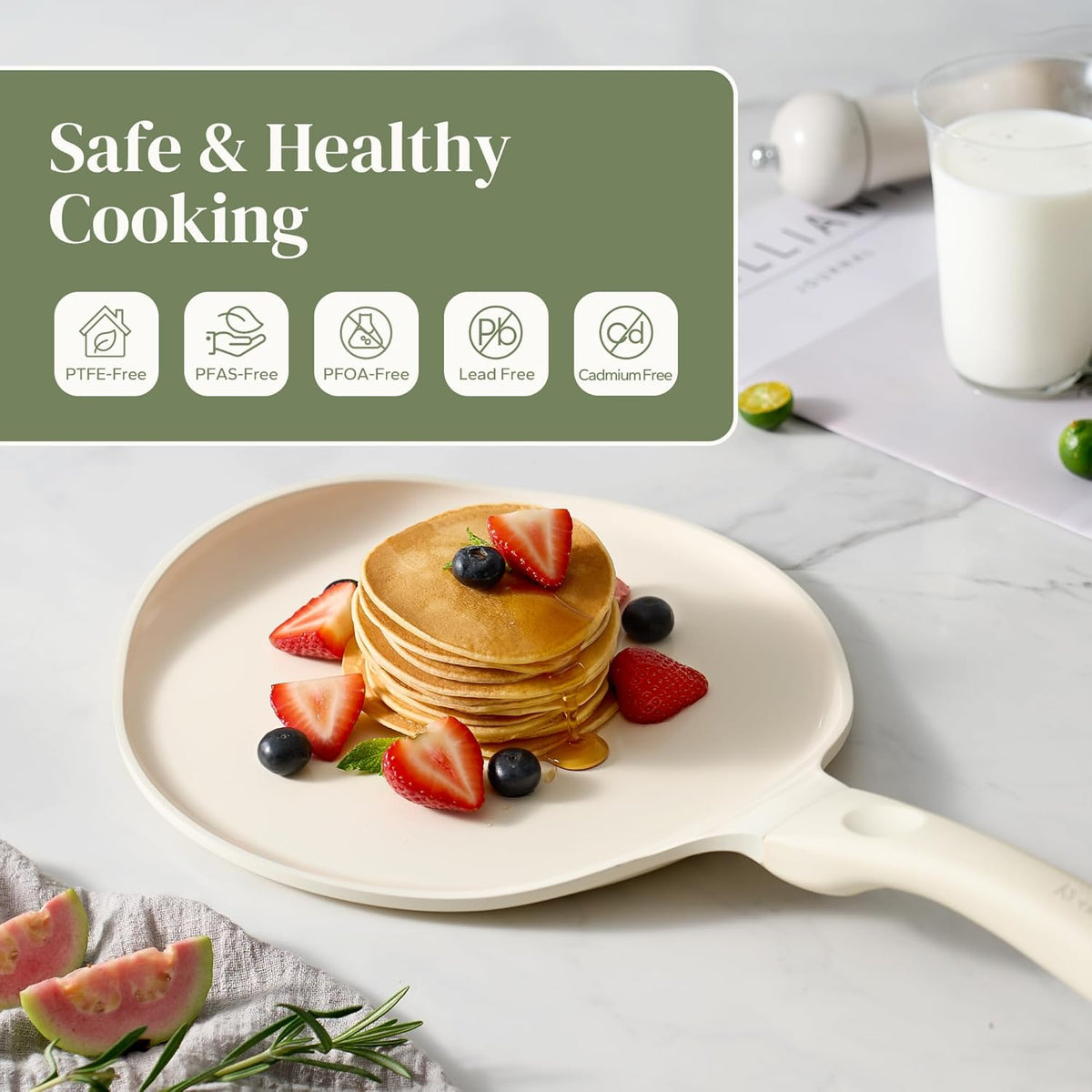 Redchef Crepe Pan Nonstick, 10 Inch Ceramic Flat Skillet Pan for Roti Dosa Tawa Comal Para Tortillas Pancake Pan for Stove Top, Induction Compatible, PFAS/PFOA/PTFE Free(Beige White)