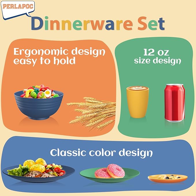 Wheat Straw Dinnerware Set 40 PCS - Service for 8 | Plates and Bowls Sets | Unbreakable Dishes Set - Dinner Plates, Dessert Plate, Cereal Bowls, Drinking Glasses, Dishwasher Safe - Multi