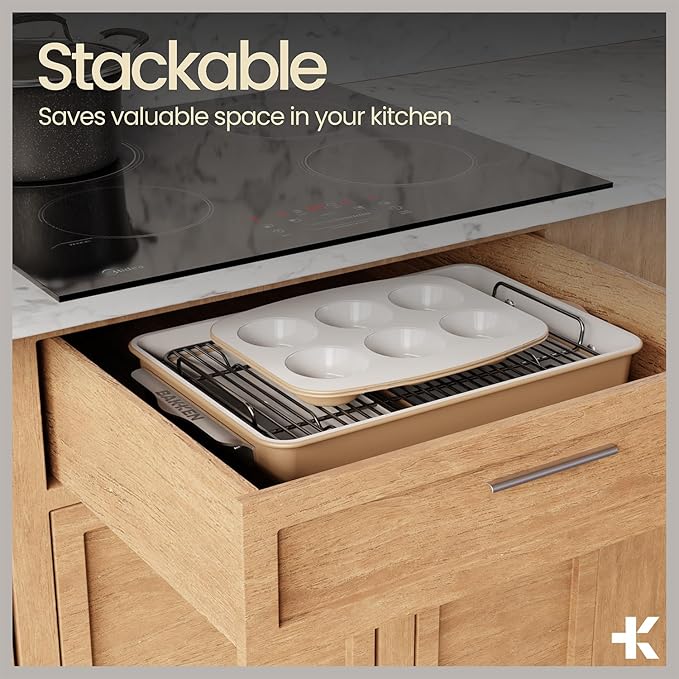 Bakken 8-Piece Stackable Bakeware Set – Ceramic Non-Stick, Oven-Safe Baking Sheets & Pans, PTFE/PFOA/PFOS-Free, Ergonomic Handles, Includes Cooling Rack – Healthy, Non-Toxic Baking Essentials