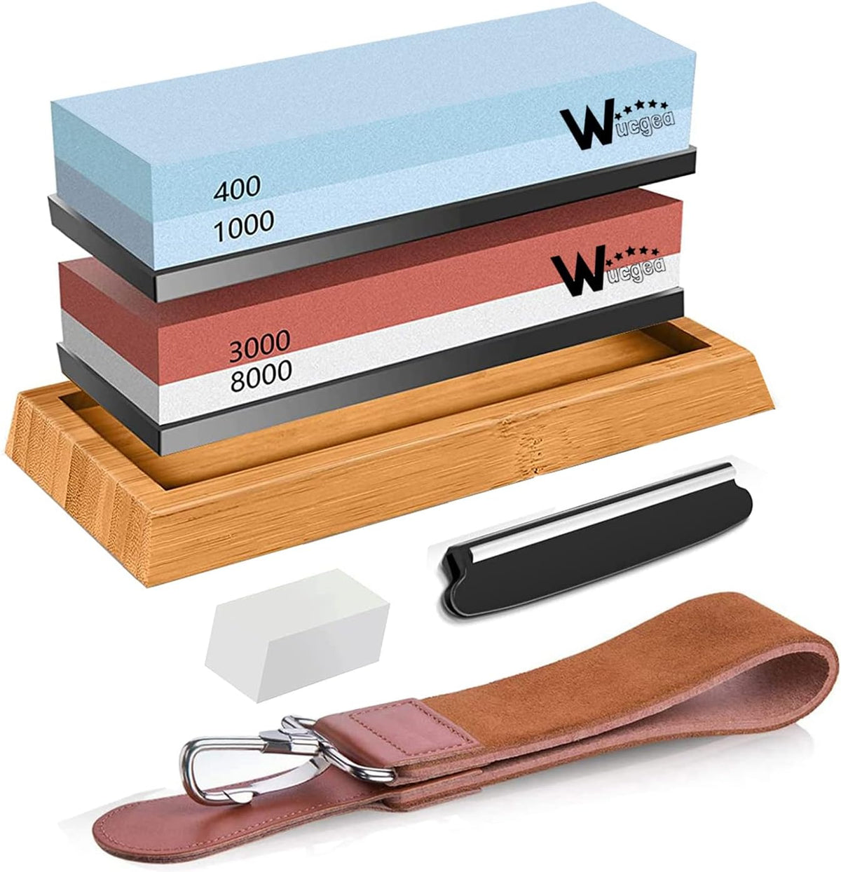 Wucgea Knife Sharpening Stone Kit - 400/1000 3000/8000 Grit Japanese Whetstone Sharpener set with Non-slip Rubber Base Angle Guide Flattening stone and Leather Strop…
