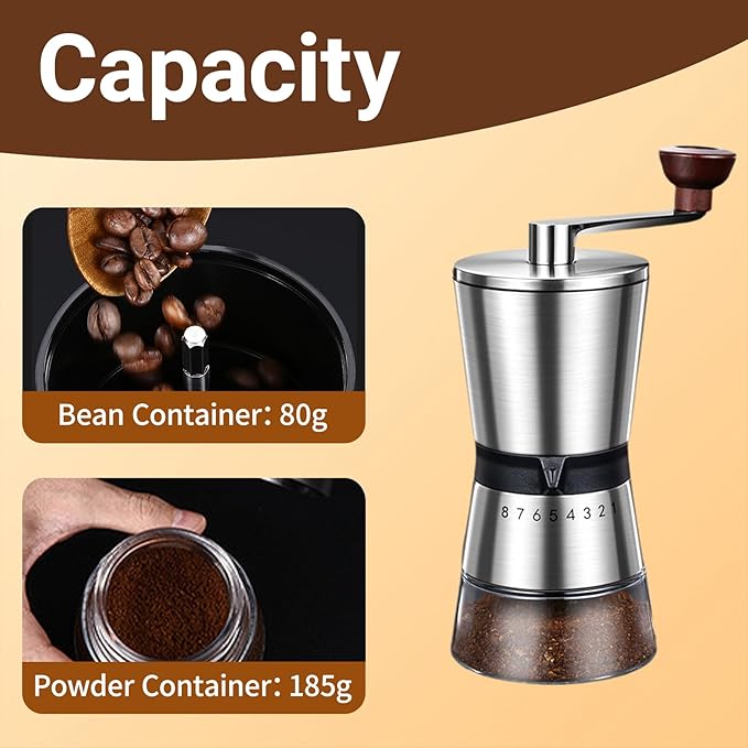 Ceramic Burr Manual Coffee Grinder with 8 Adjustable Coarseness Settings for Cold Brew Espresso Beans French Press Pour Over Drip Stainless Steel Hand Crank Coffee Mill for Home use or Travel Camping