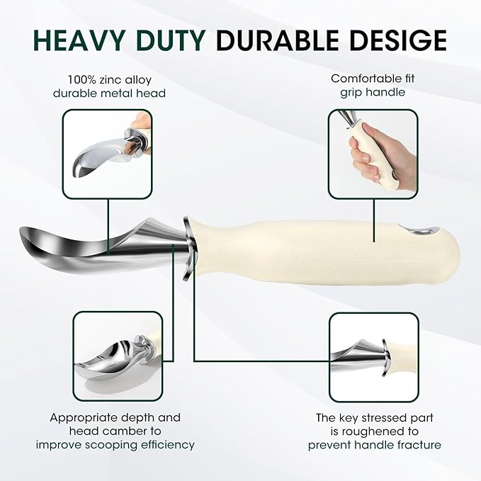 Beneno Heavy Duty Ice Cream Scoop - Upgraded Anti-Fracture Design, Comfortable Grip Long Handle, Effortless Scooping & Dishwasher Safe, Cream