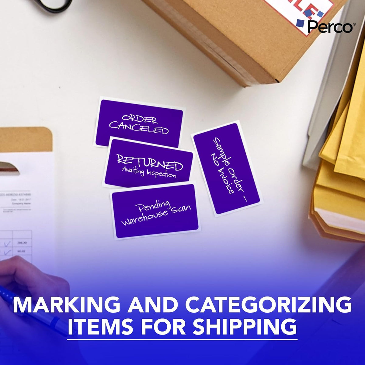 Perco Purple Labels 3x5 Inch 500 Stickers/Roll with Easy Peel Perforation and Strong Adhesion for Inventory Management, Color Coding, Moving Boxes, Retail, Organizing & Crafts – Made in USA