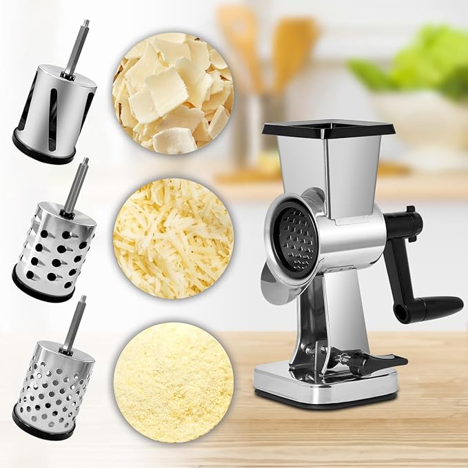 LHS Rotary Cheese Grater Stainless Steel Manual Cheese Shredder Grater Walnuts Grinder with 3 Interchangeable Drum Blades for Chocolate, Cheese and Nuts