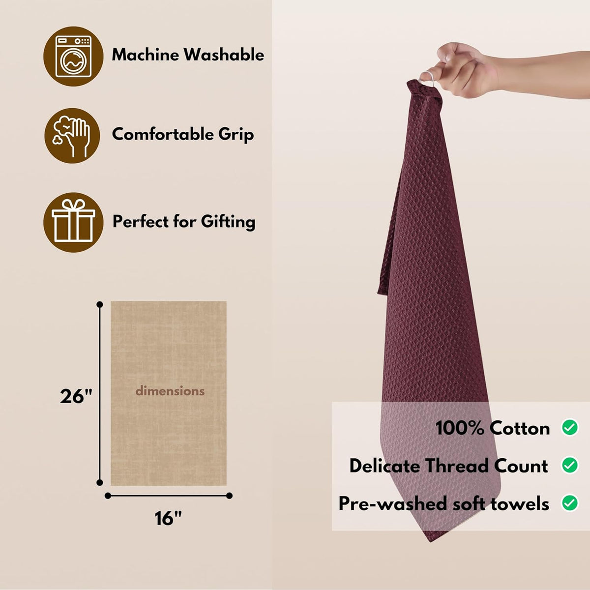 Native Fab Cotton Kitchen Towel with Hanging Loop 16x26 inches, 4-Pack, Waffle Weave Kitchen Towels for Cleaning Drying, Washcloths Soft & Absorbent Cloth Rags, Bar Towel, Dish Cloth, Burgundy Wine