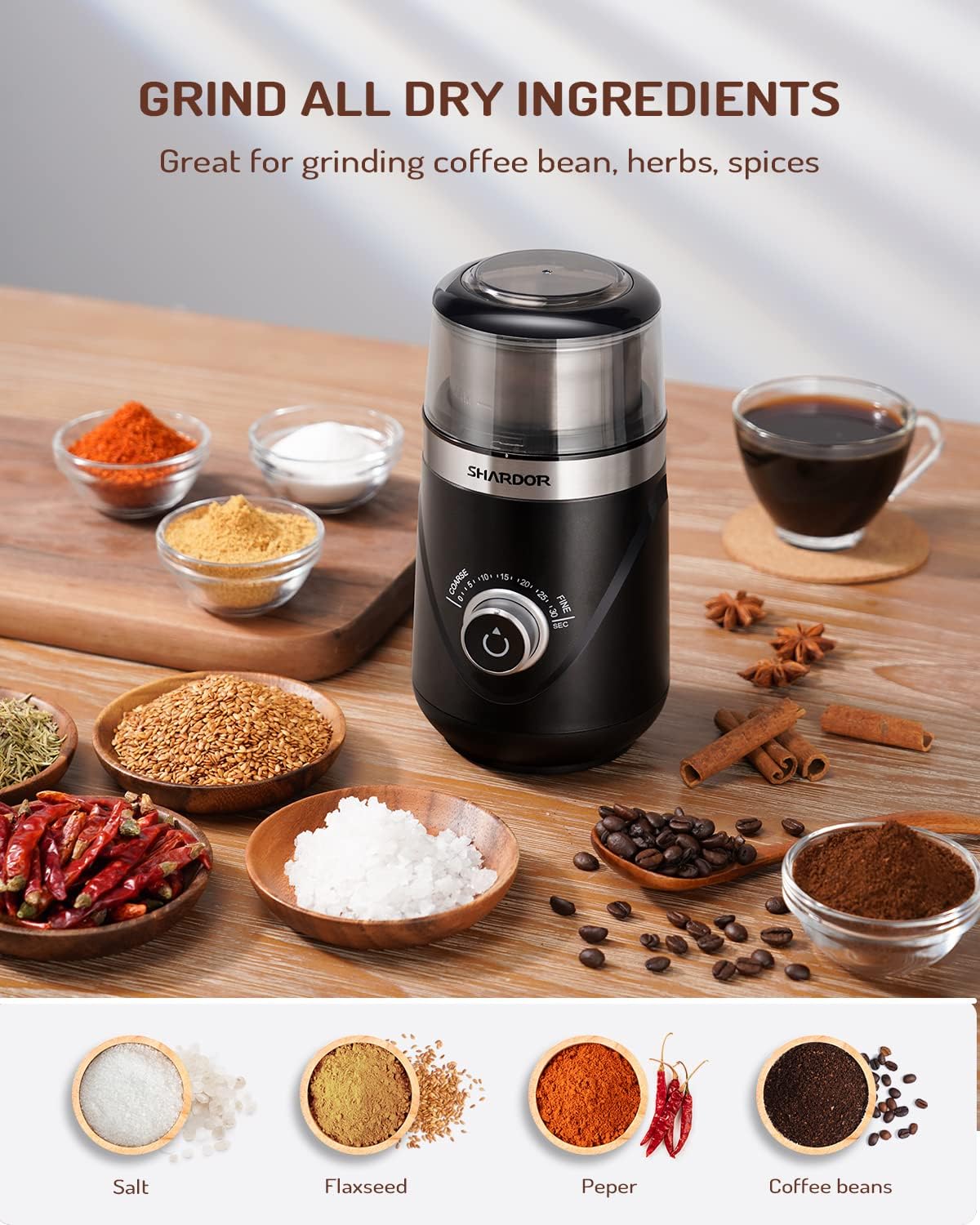 SHARDOR Electric Super Silent Blade Coffee Grinder, Timed Grind Control Rotary Knob, Adjustable Coarse to Fine for Coffee Beans, Spices & Herbs, with 1 Removable Stainless Steel Bowl, Black