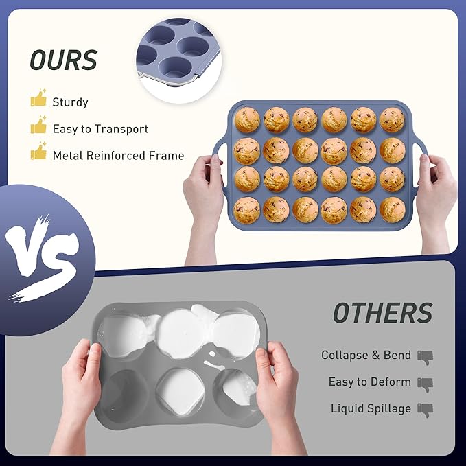 2 Packs 24 Cups Silicone Muffin Pan with Metal Reinforced Frame Mini Size Cupcake Pan Tray Egg Bites Silicone Circle Cookie Molds Muffin Tin Tart Pans Baking Sheet Set for Breakfast Sandwiches