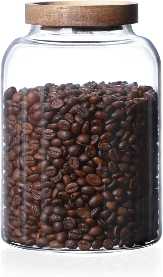 MOLFUJ 2000ML 66FL Oz Glass Storage Container with Wood Lid Large Decorative Organizer Bottle Canister Pantry Jar with Air Tight Wooden Lid for Food Coffee Candy Cereal Rice Flour Pop Spaghetti