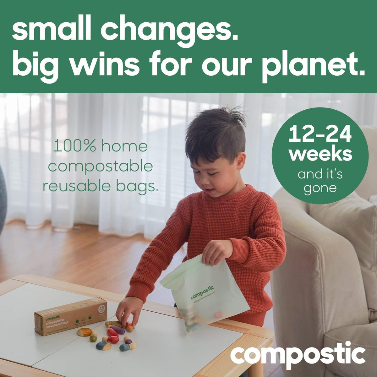 Compostic Home Compostable Resealable Snack Bags (6"x 3.5"), Microwave & Freezer Safe, Organic Food Storage Container, 100 Count