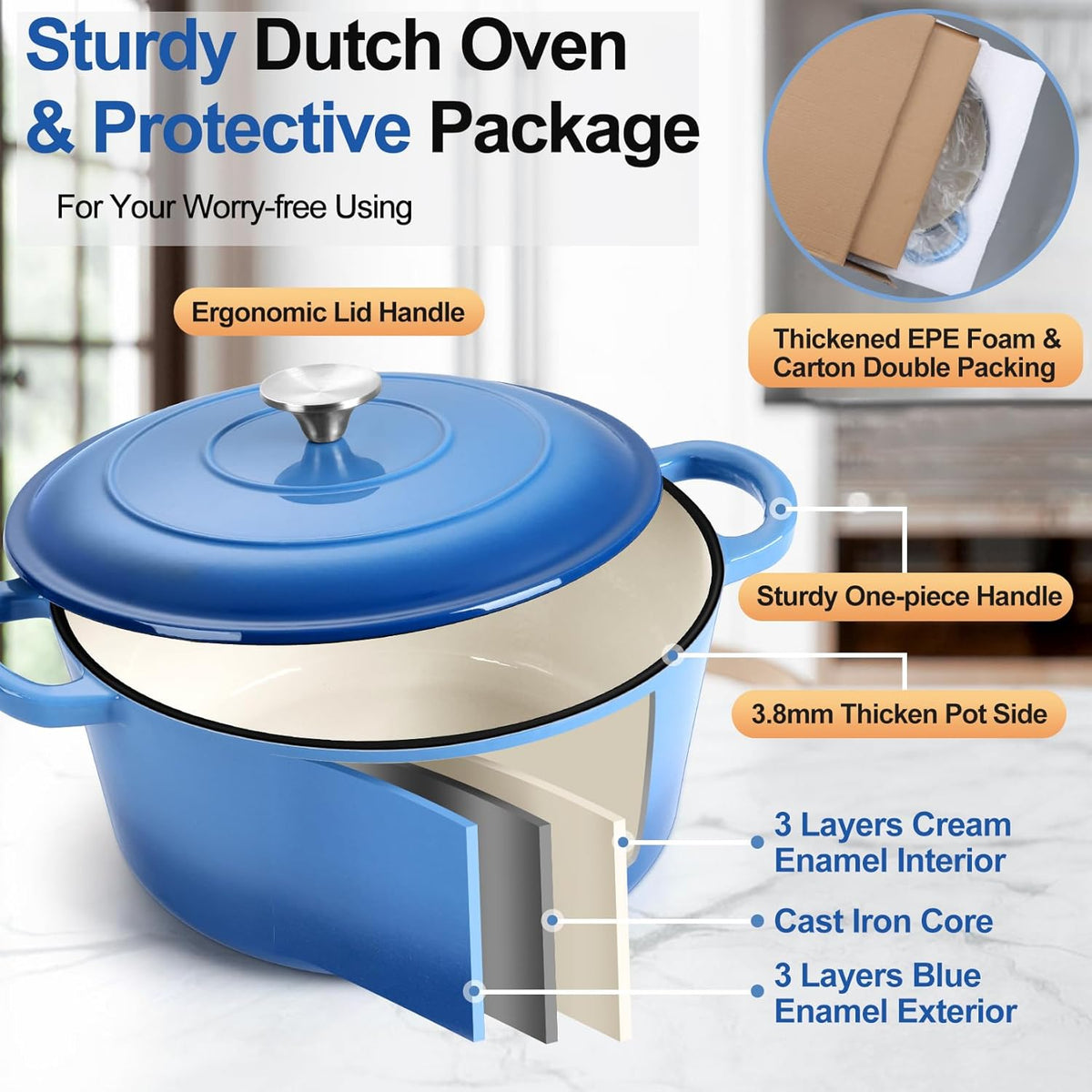 P&P CHEF 5QT Enameled Dutch Oven, Cast Iron Dutch Oven Pot with Lid for Bread Baking, Enameled Casserole Pot for Roasting Braising Stewing Frying Simmering, Various Stoves & Easy Clean, Blue