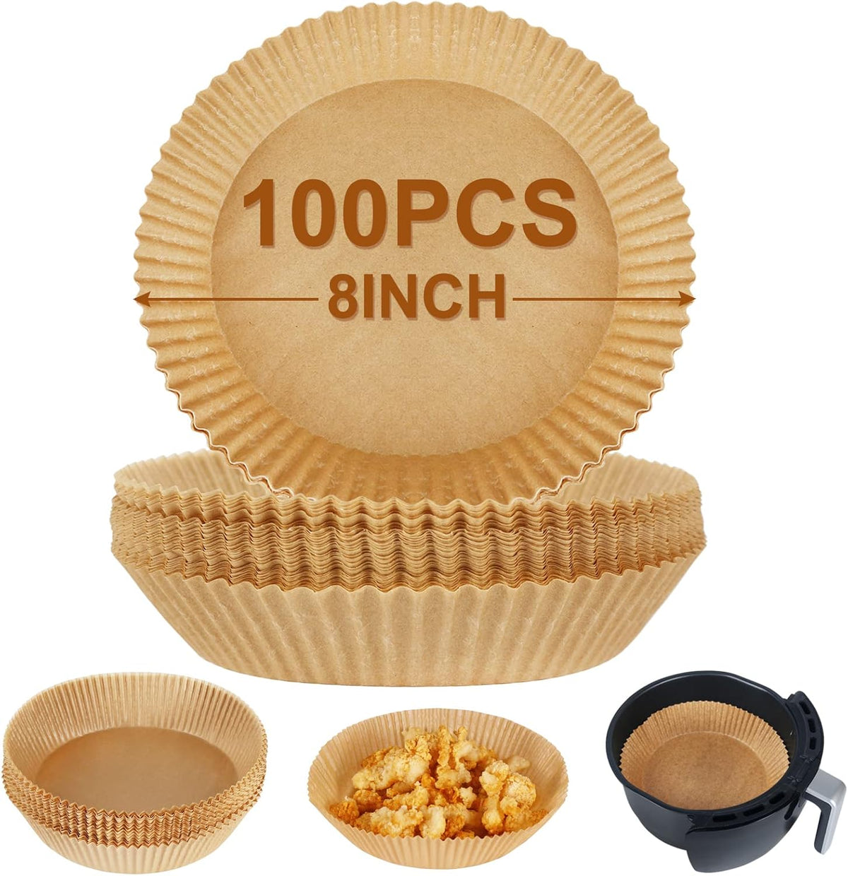 BYKITCHEN Air Fryer Parchment Paper for 2 to 5 QT, Set of 100, 8inch Round Airfryer Liners, Nonstick Air Fryer Filter Paper, Compatible with Ninja, Chefman Airfryer and More