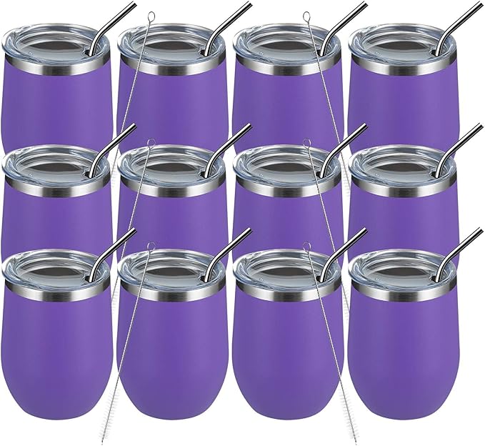 MEWAY 12oz/12 Pack Wine Tumbler Glasses with Lid -Double Wall Vacuum Stainless Steel Travel Tumbler Mug,Stemless Insulated Wine Cup for,Coffee,Cocktails,Gifts (Purple,Set of 12)