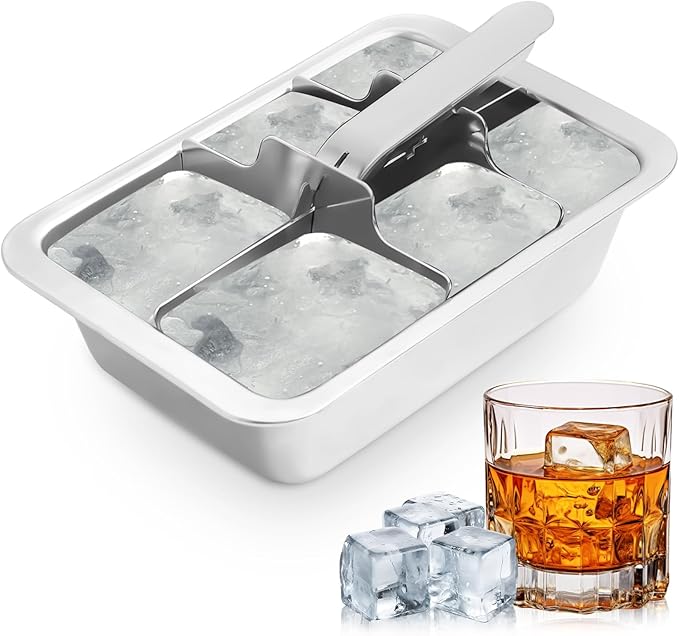 Professional Ice Cube Trays Stainless Steel - 6-Large Slot Heavy Duty Metal Icecube Mold, Non-Toxic Freezer Tray with Lever Release, Bar & Kitchen Use, Send Goods from Local Warehouse