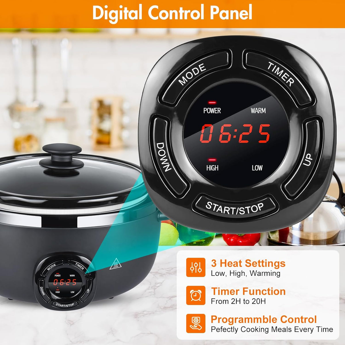 7-Quart Programmable Slow Cooker with Nonstick Removable Ceramic Pot, 3 Temp Settings, Dishwasher Safe