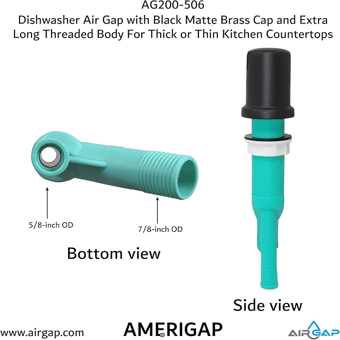 Dishwasher Air Gap with Skirted Black Matte Brass Cap and Extra Long Threaded Body for Thick or Thin Kitchen Countertops (AG200-506, AG200-X06, AMERIGAP)