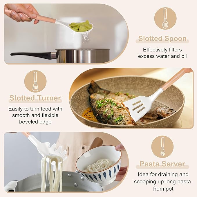 P&P CHEF Cooking Utensils Set, 6 PCS Kitchen Utensils with Wooden Handle, Silicone Spatula for Nonstick Cookware, Easy Clean & Non-toxic, White