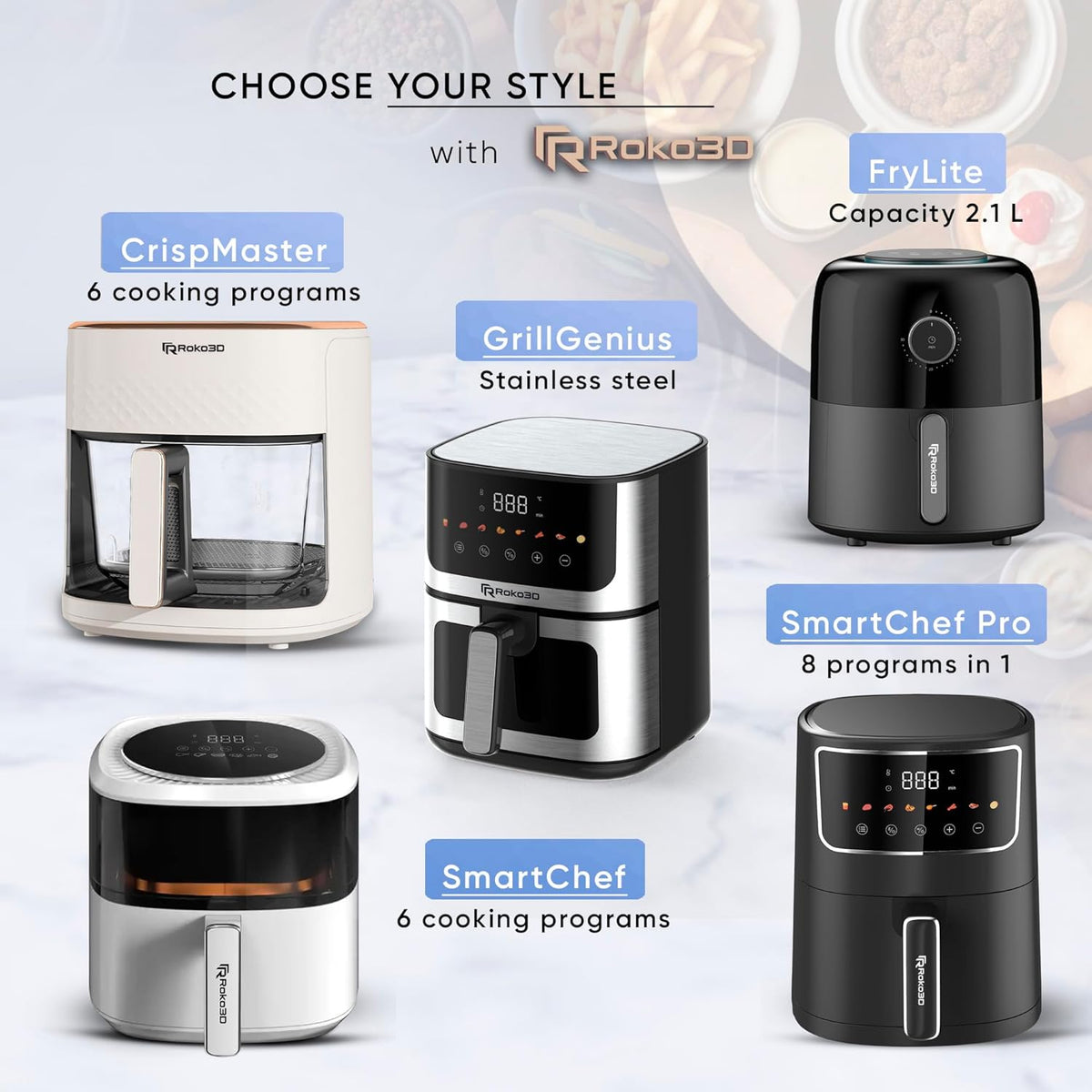 Stainless Steel Air Fryer ROKO 3D with Visible Window - 5Qt Capacity for 3-5 Persons | 18 in 1 - Fry, Bake, Toast, Broil, Reheat without Oil - 1400W, Dishwasher Safe, Luxury Black and Silver