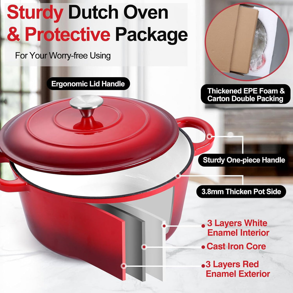 P&P CHEF 7QT Enameled Dutch Oven, Cast Iron Dutch Oven Pot with Lid for Bread Baking, Enameled Casserole Pot for Roasting Braising Stewing Frying Simmering, Various Stoves & Easy Clean, Red