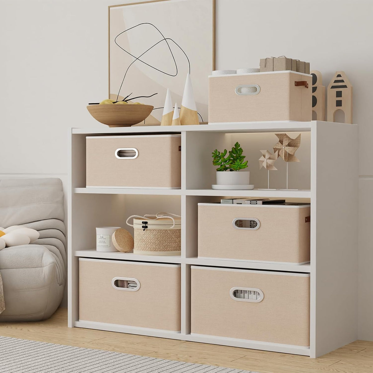 Yawinhe Fabric Storage Bins with Handles, Foldable Baskets for Shelves, Cubes with 3 Handles, Large Boxes for Clothes, Beige, 16.9''Lx11.8''Wx10.2''H, 6-Pack