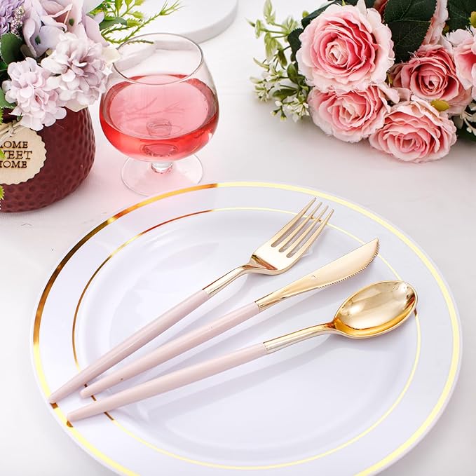 I00000 60 Pack Pink Plastic Silverware,Gold Disposable Flatware with Pink Handle, Gold Plastic Cutlery Set Includes: 20 Forks, 20 Knives and 20 Spoons, Tableware Set for Party and Wedding