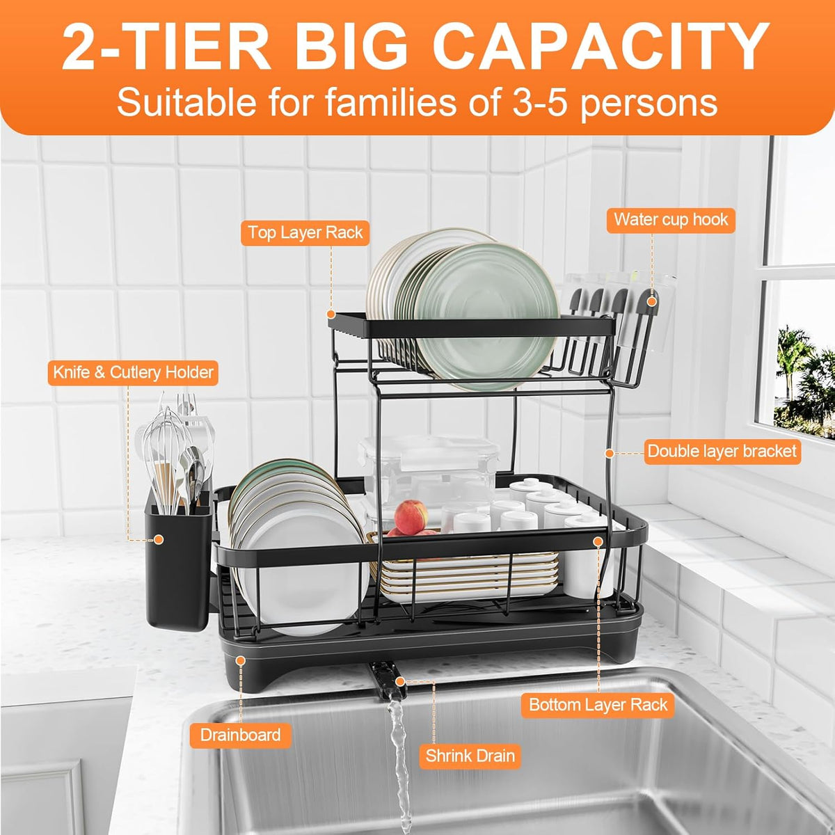 Dish Drying Rack Two-Tier Drying Rack with Utensil Holder, Auto-Draining Dish Rack for Kitchen Counter, Large Capacity for Plates, Bowls, Cups, Dish Drainer with Drainboard, Black