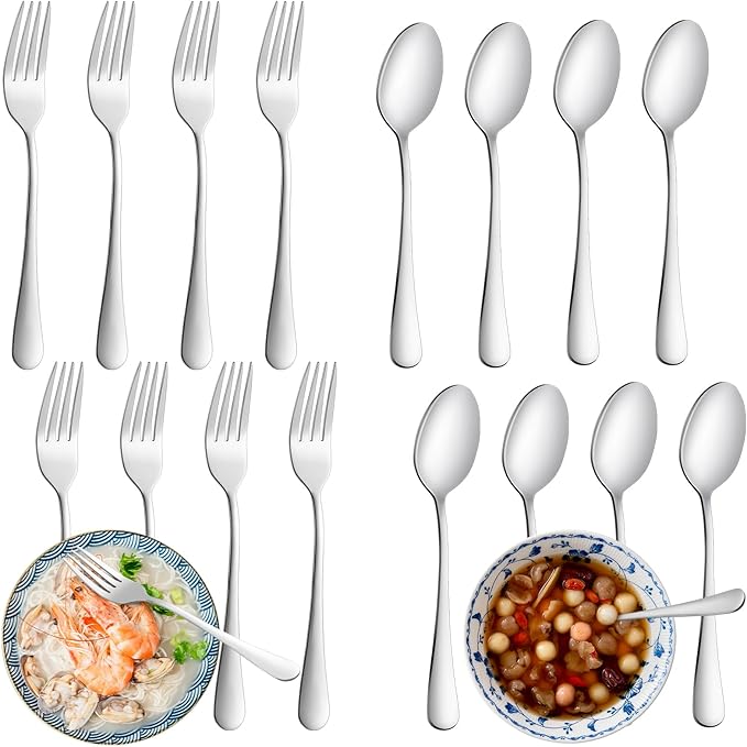 16 Pcs Forks and Spoons Silverware Set, Food Grade Stainless Steel Flatware Cutlery Set for Home, Kitchen and Restaurant, 8 Dinner Fork(8") and 8 Teaspoon(6.7"), Mirror Polished, Dishwasher Safe