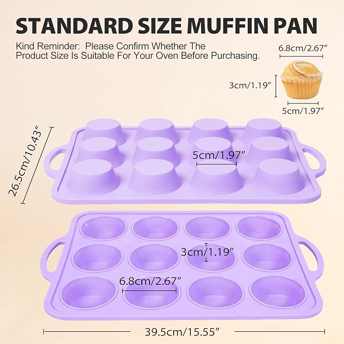 2 Pack Silicone Muffin Pan 12 and 24 Cup with Metal Frame, Non Stick Silicone Mini Cupcake Pan with Handles, BPA Free Silicon Regular Muffin Tin Tray Small for baking, egg bites, Mold Purple