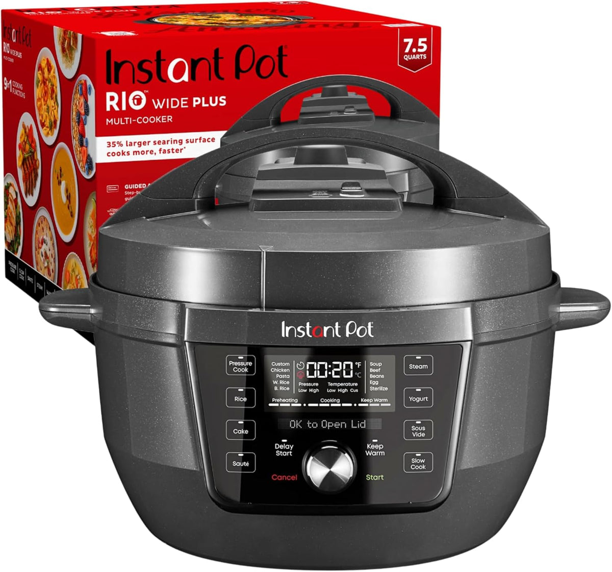 Instant Pot RIO Wide Plus, 9-in-1 Electric Pressure Cooker, 35% Larger Cooking Surface, WhisperQuiet Steam Release, Multi-Cooker, Slow Cook, Rice Maker, Steamer, Sauté, Cake, & Warmer, 7.5 Quarts