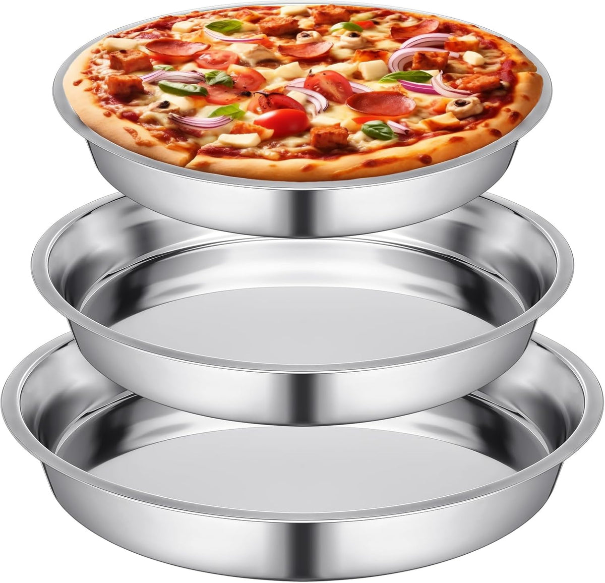 Nuogo 3 Pcs 16 14 10 Inch Large Deep Pizza Pans Stainless Steel Pizza Tray Round Oven Tray Rust Proof Reusable Bakeware Cooking Pan Dishwasher Safe for Baking, Serving, and Displaying Cookie Pie